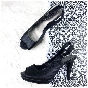 ELLE size 8.5 : ‘Chandi’ black peep-toe Slingback faux snakeskin platform heels